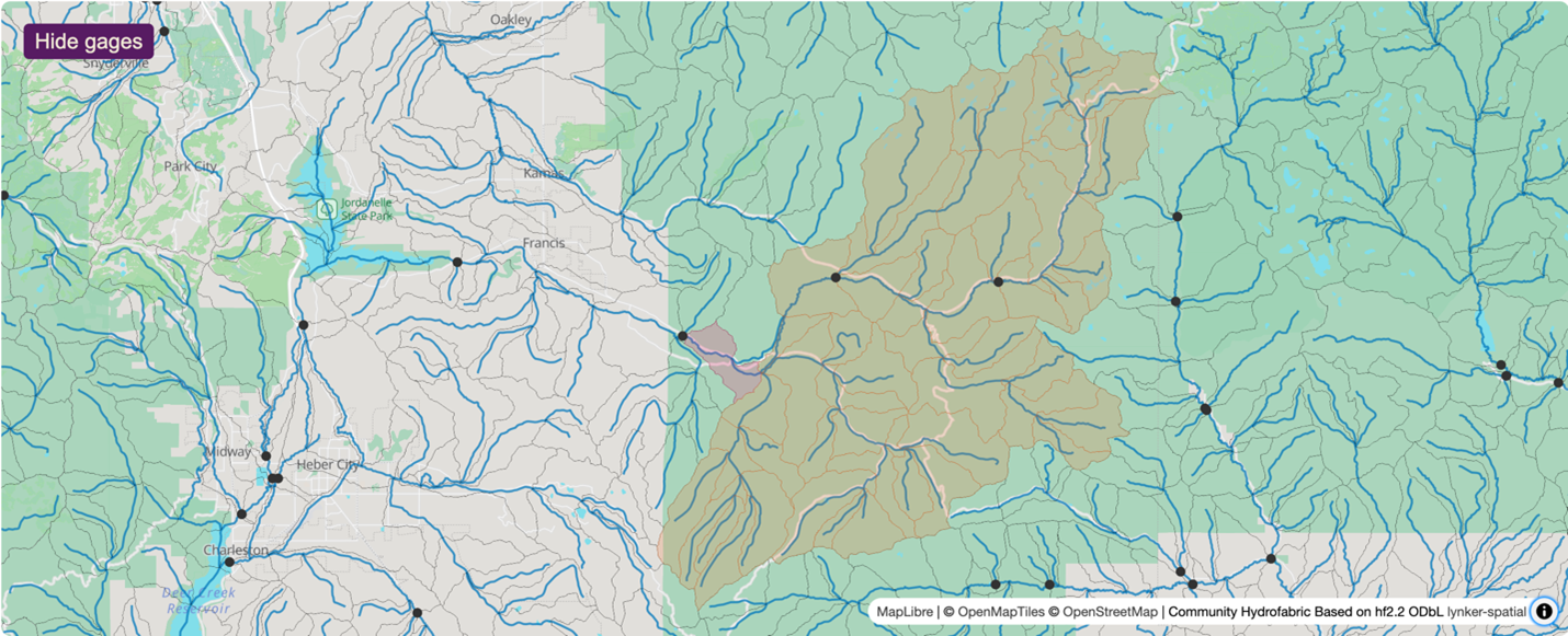 A map view displaying the Provo River network and basin boundaries in the area around Woodland, UT. The map includes the stream network shown in blue, basin boundaries in orange shaded regions, the downstream-most basin in a pink shaded reagion, and black dots representing USGS gage locations.
