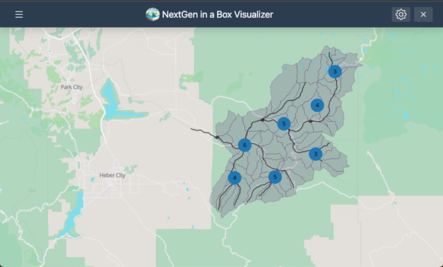 A screenshot of the NGIAB and DataStream Visualizer web interface. The map displays a the Provo River basin network near Woodland, UT. The gray shaded area represents the basin, dark gray lines represent catchment boundaries, black lines represent major streams, and blue circles with numbers in the middle represent the number of nexus points near that circle.