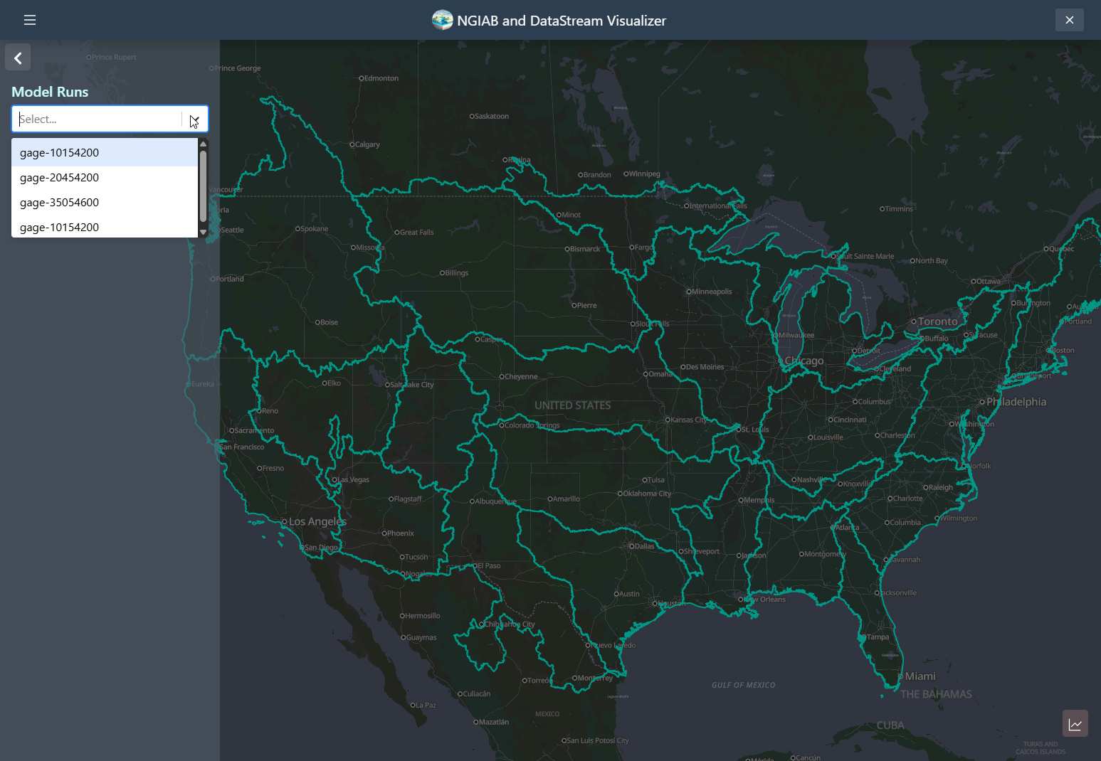 A screenshot of the NGIAB and DataStream Visualizer web interface. The map displays the ability of the visualizer to use multiple outputs