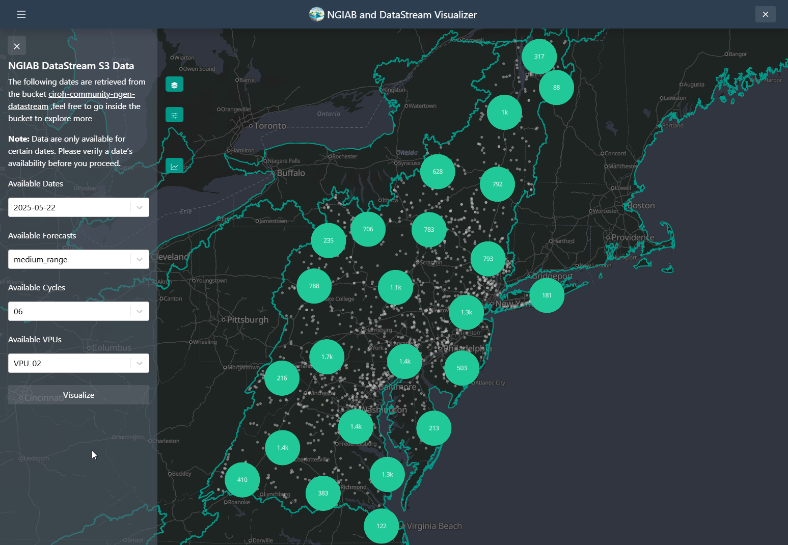 A screenshot of the NGIAB and DataStream Visualizer web interface displaying the hydrofabric for DataStream output